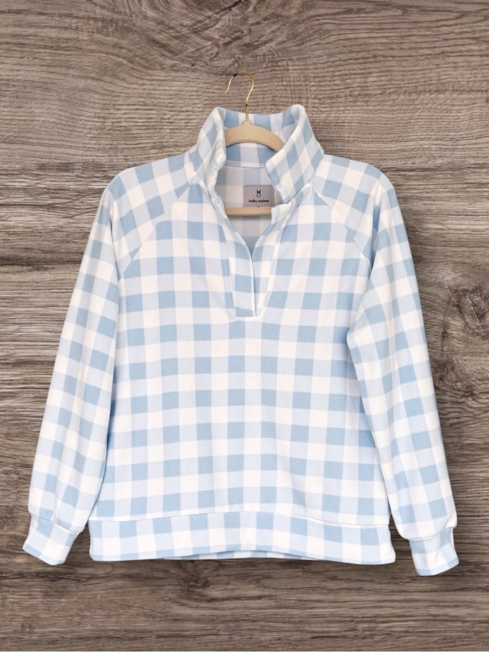 919 Dudley Stephens Ingrid Pullover Ice Blue Gingham Terry Fleece XS NWT